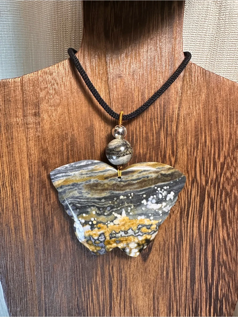 Handcrafted Ocean Jasper Butterfly Pendant Necklace-Green & Gold on Black Rope